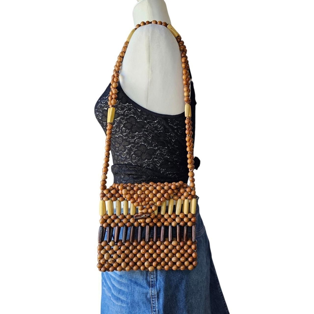 Handcrafted Wooden Beaded Shoulder Bag - Brown and Tan